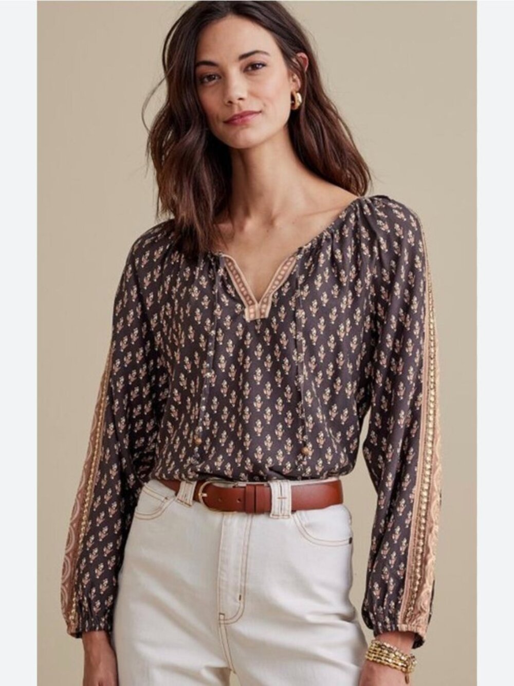 Soft Surroundings Top Large Brown Gold Jolene Beaded Coastal Boho Neutral Print